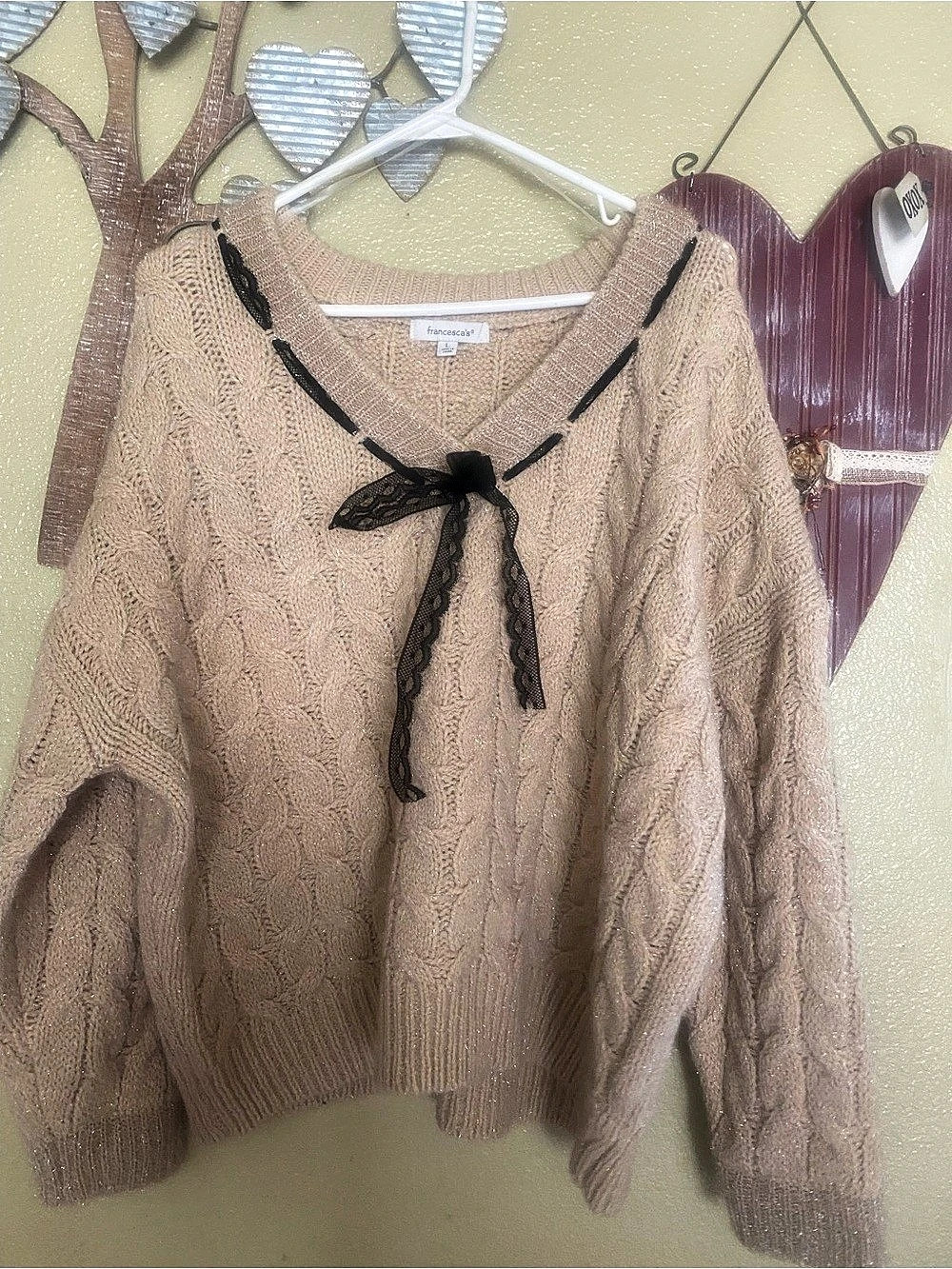 francesca's Cable Knit Lace Tie Sweater Beige Large